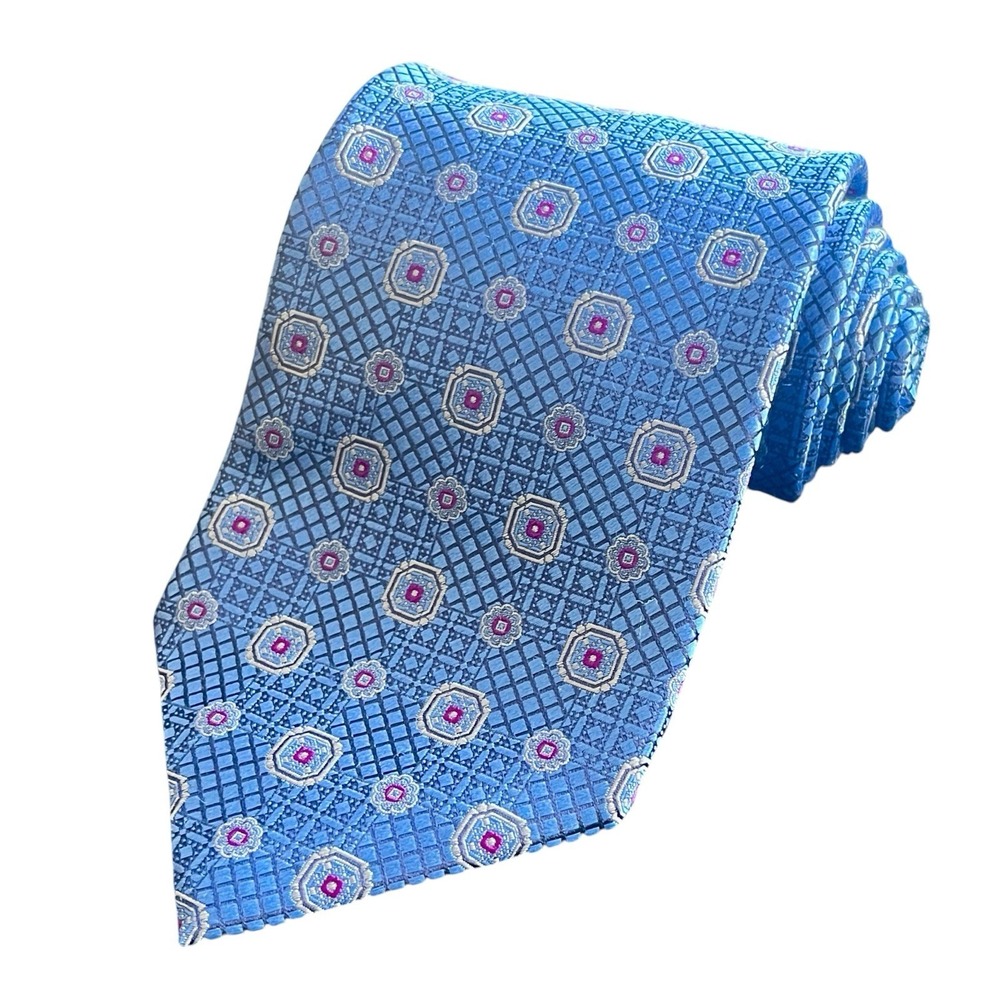 Ermenegildo Zengna Jacquard 100% Silk Medallion Necktie Extra Long Light Blue